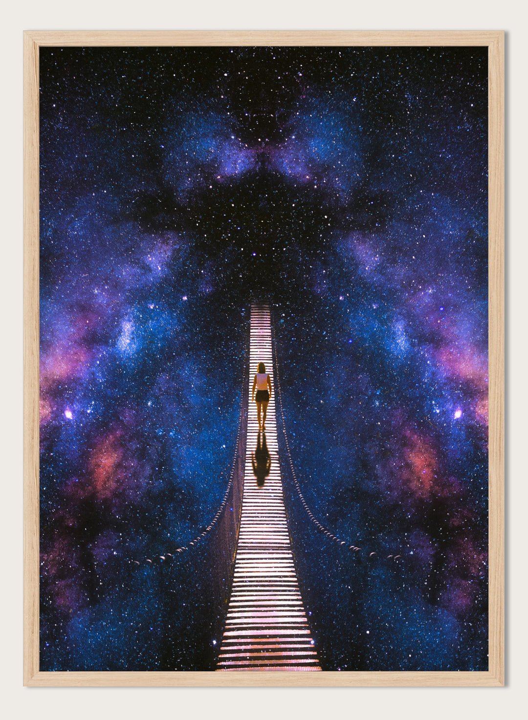 Person standing on a bridge stretching into space with a starry background. Infinity by Taudalpoi surreal cosmic bridge art print with lone figure walking through galaxy starscape, retro sci fi collage poster wall art.
