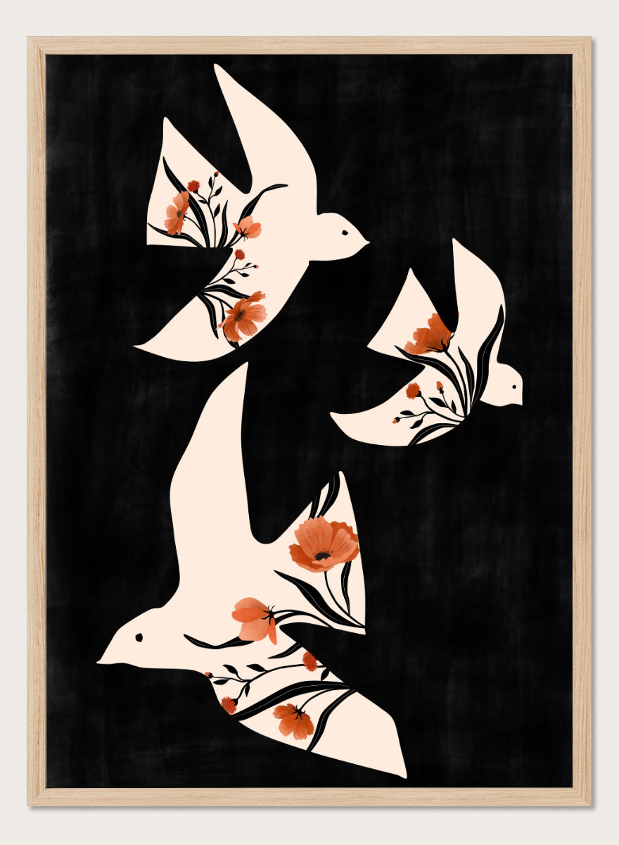 Shop Floral Dove Flight by Elena Ristova, a modern bird wall art print poster featuring cream doves filled with terracotta flowers on a black background.