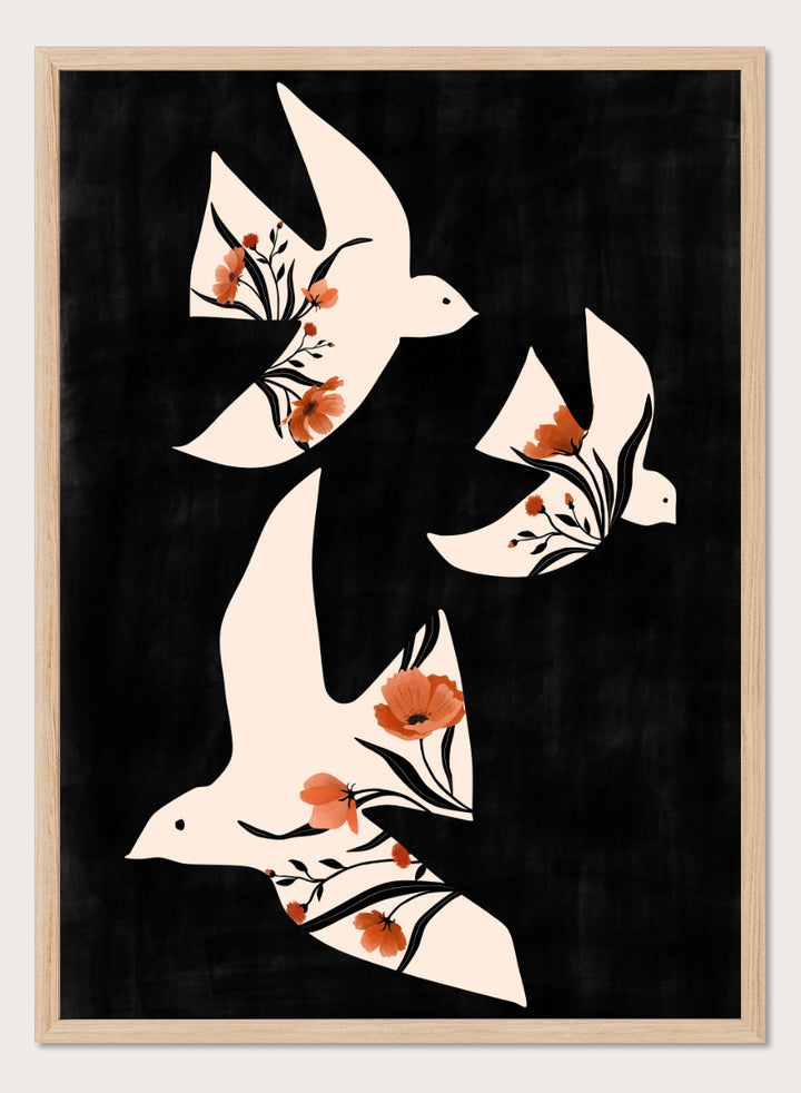 Shop Floral Dove Flight by Elena Ristova, a modern bird wall art print poster featuring cream doves filled with terracotta flowers on a black background.