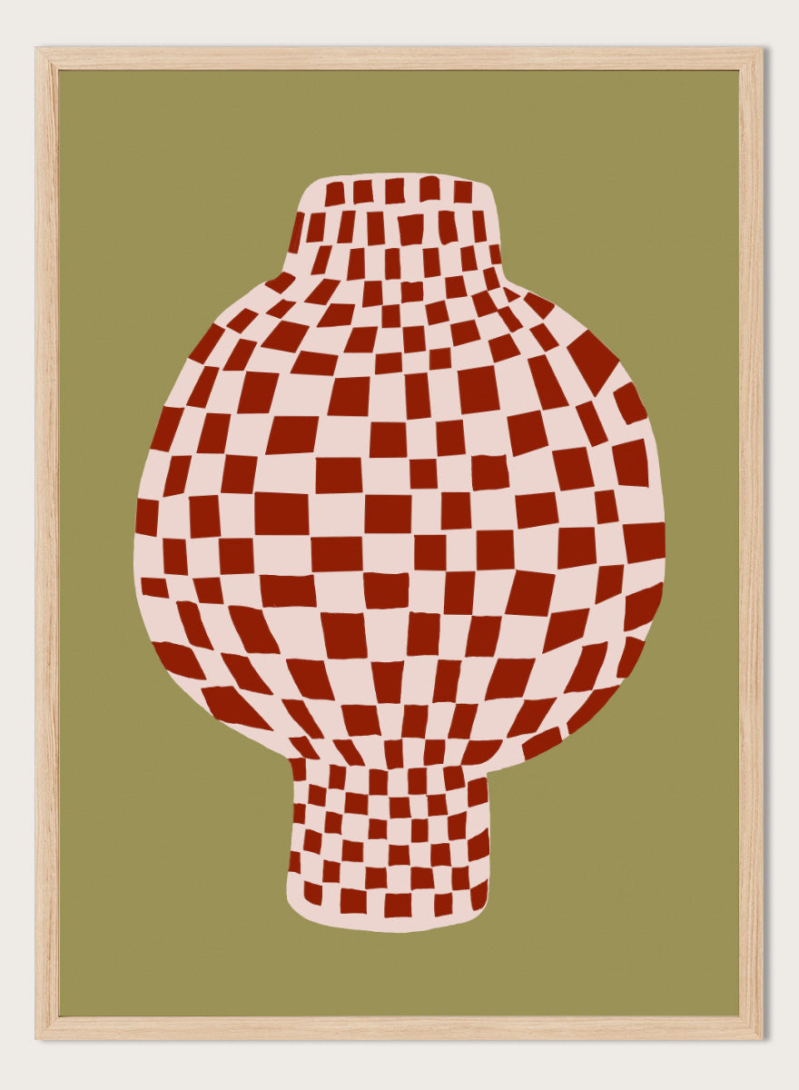 A stylized graphic print of a vase with a red and off-white checkerboard pattern, set against an olive green background. Retro Checkered Vase by The Art Concept is a modern still life art print featuring a red checkered vase, olive green background, and playful retro style.