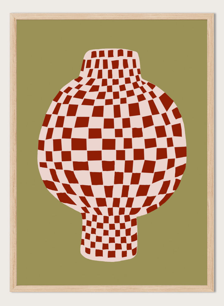 A stylized graphic print of a vase with a red and off-white checkerboard pattern, set against an olive green background. Retro Checkered Vase by The Art Concept is a modern still life art print featuring a red checkered vase, olive green background, and playful retro style.