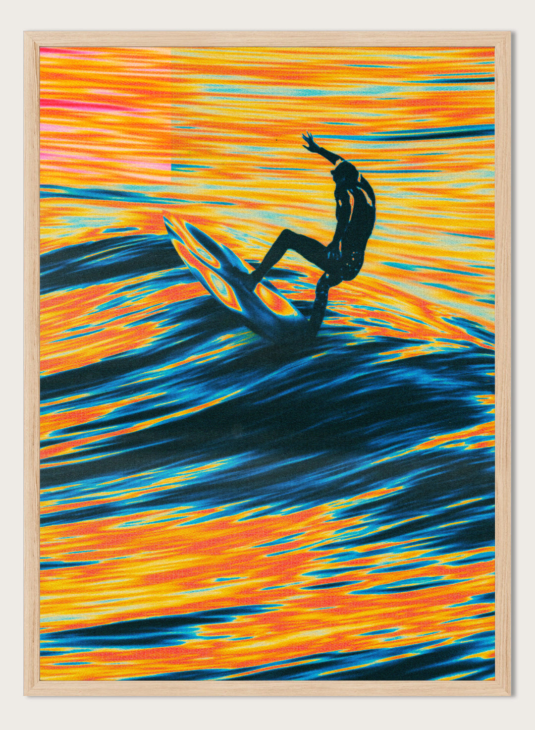 Artistic depiction of a surfer on a wave with vibrant orange and blue colors. Surf Trip by Taudalpoi surreal psychedelic surf art print with glowing ocean waves and lone surfer, retro cosmic collage poster wall art.