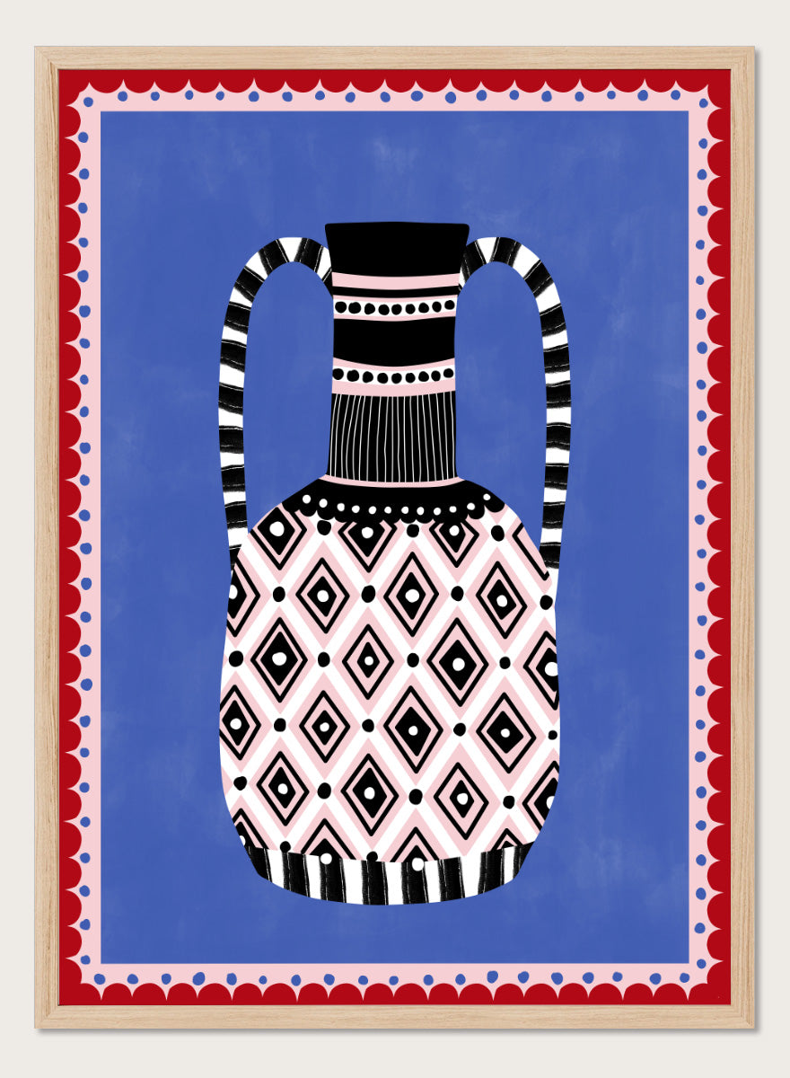Shop Patterned Tribal Vase by Elena Ristova, a colorful wall art print poster featuring bold diamonds, stripes, pink, blue, black, and red details.