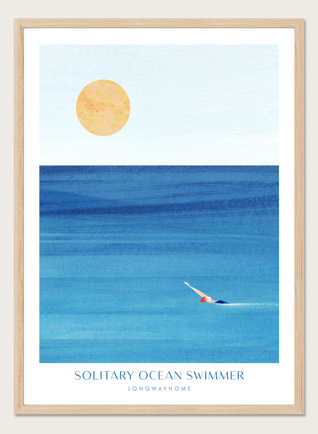 Art print of a solitary ocean swimmer with a large sun in the sky. Solitary Ocean Swimmer by Longwayhome is a minimalist ocean art print featuring deep blue water, lone swimmer imagery, and calming coastal wall art.
