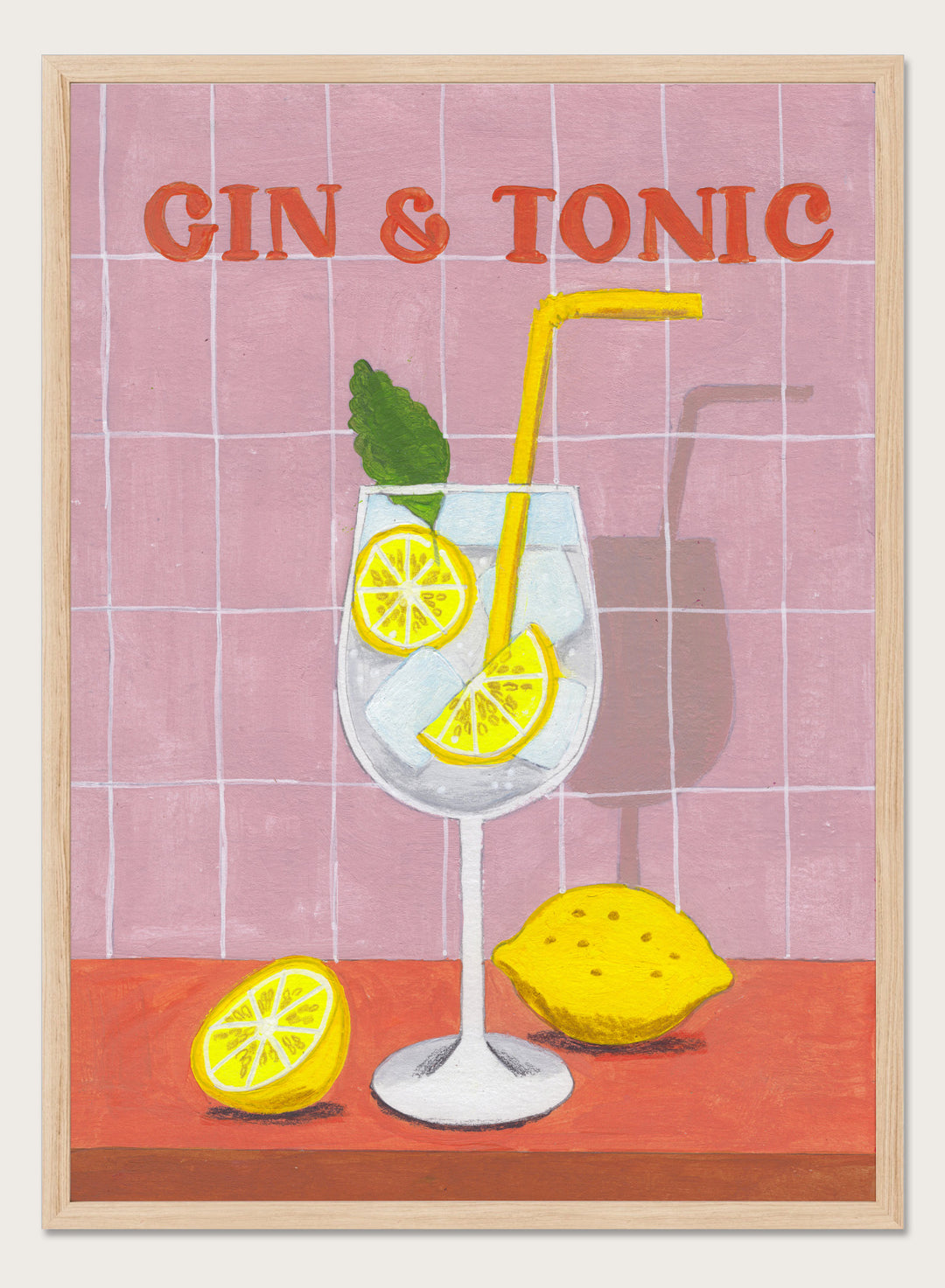 Illustration of a gin and tonic with lemon slices and a straw on a tiled background. Refreshing Gin Tonic by Caroline Bonne Müller is a fine art print and wall poster of a gin and tonic with lemon slices, mint leaf, ice, and pink tile background.