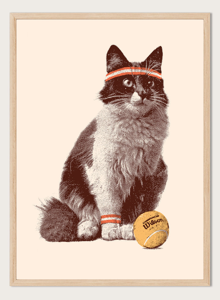 Cat wearing a striped bandana with a tennis ball on a beige background. Retro Tennis Cat by Florent Bodart is a playful cat art print with vintage tennis style, a modern wall poster with retro texture, humor, and character.