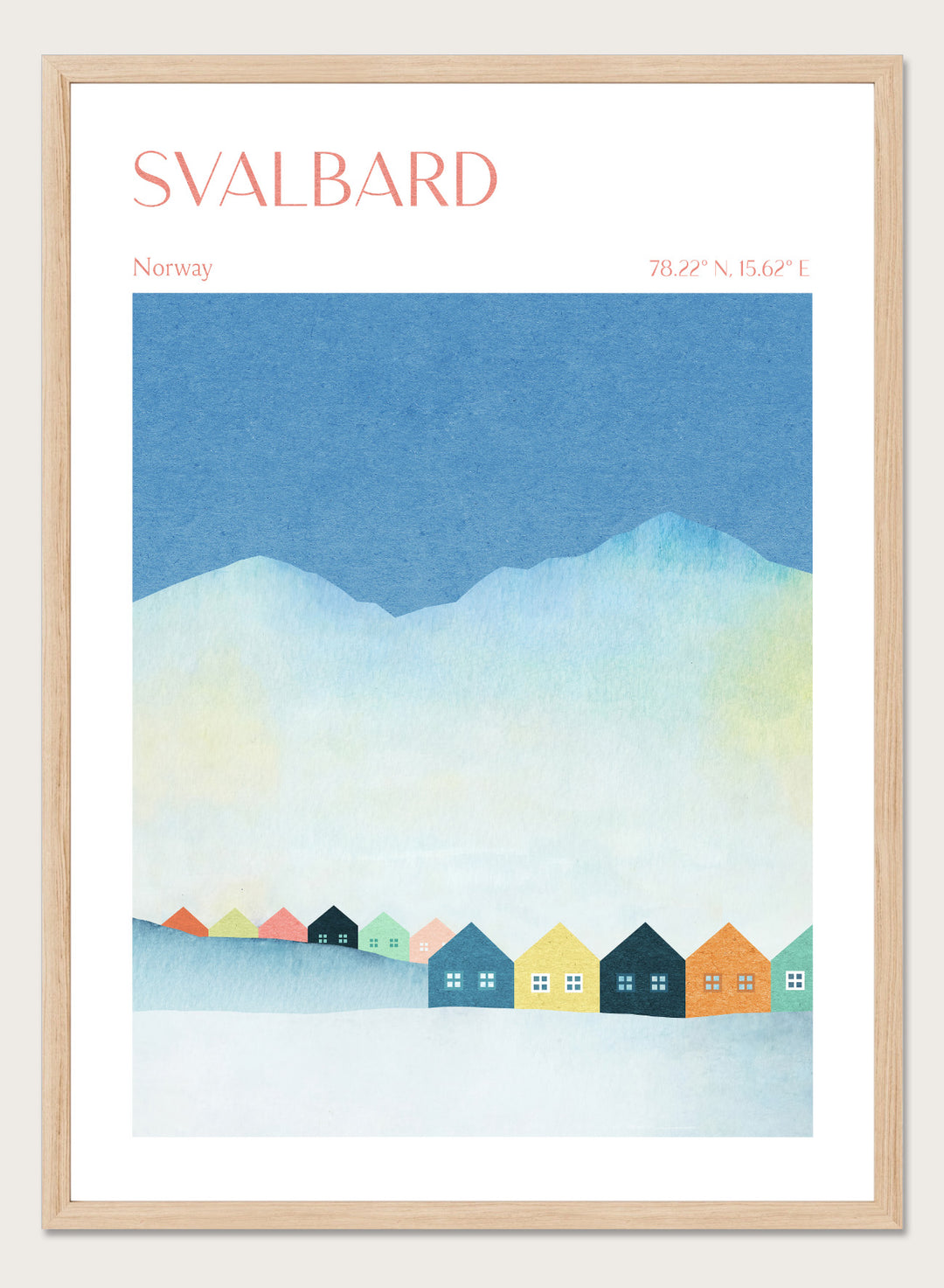Poster of Svalbard with colorful houses and mountain landscape. Colorful Svalbard Winter Village by Longwayhome is a minimalist Scandinavian landscape art print featuring pastel houses, snowy mountains, and modern Nordic design.