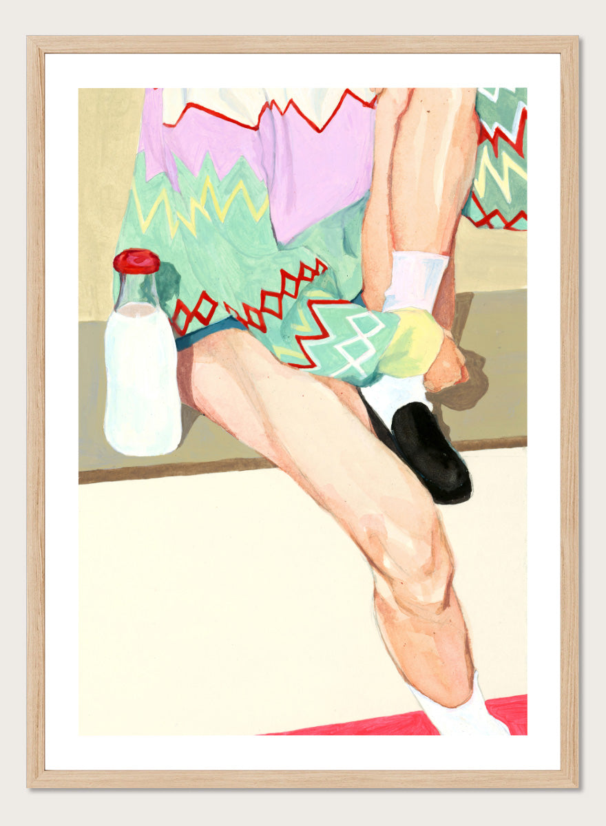 Shop Colorful Sweater Milk by Sophia Novosel, a modern figurative wall art print poster featuring a patterned sweater, milk bottle, crossed legs, and bold color.