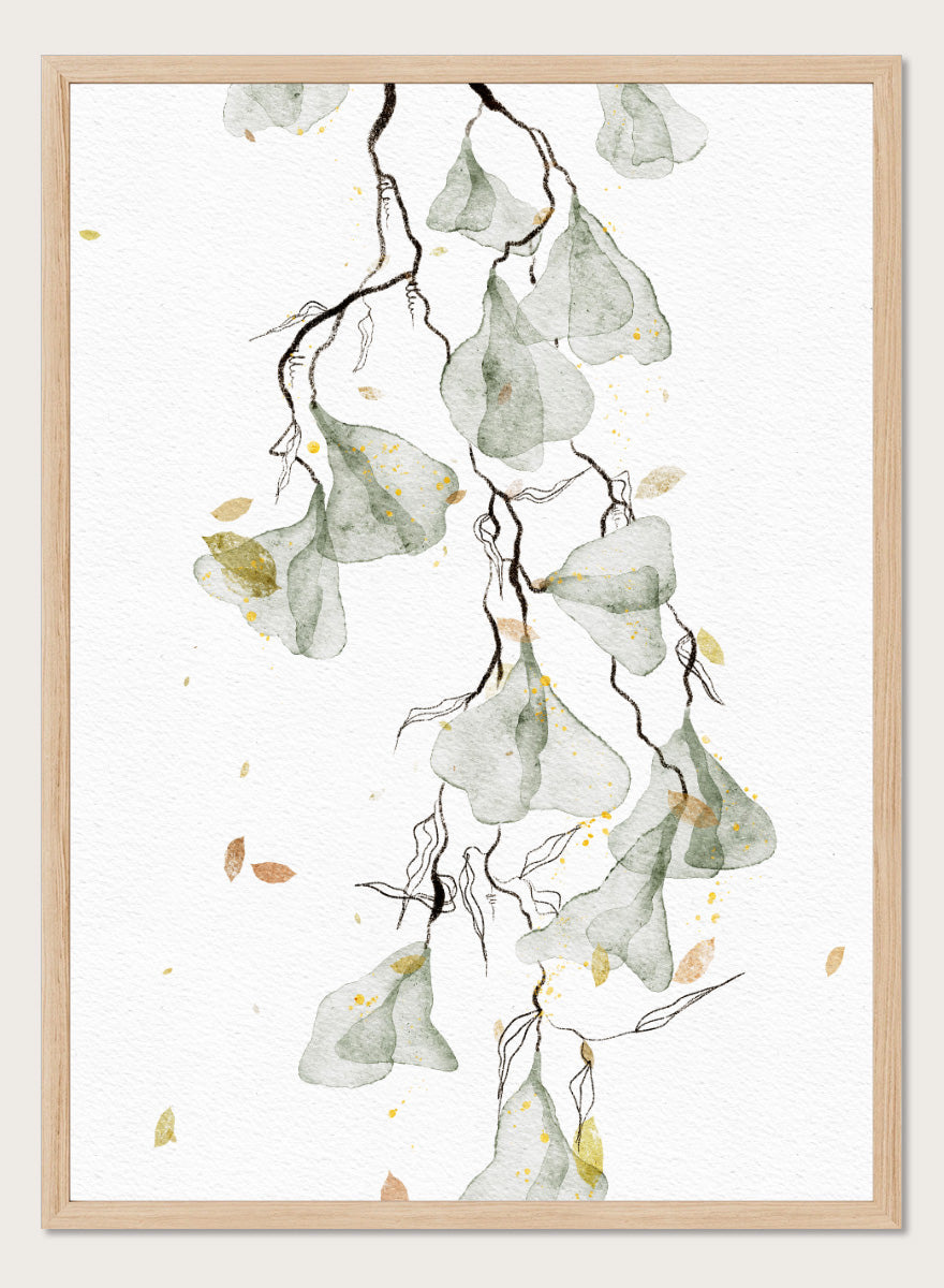 Shop Soft Green Botanicals by Ankie Kooi, a modern botanical wall art print poster with watercolor leaves, minimalist line art, soft green, yellow, and cream.