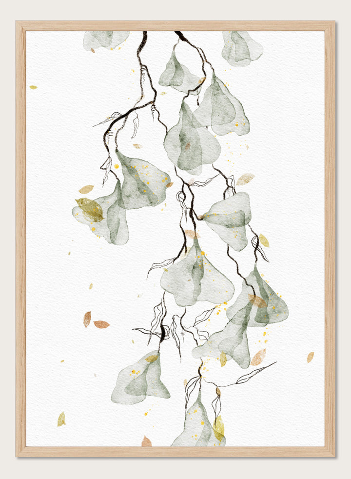Shop Soft Green Botanicals by Ankie Kooi, a modern botanical wall art print poster with watercolor leaves, minimalist line art, soft green, yellow, and cream.