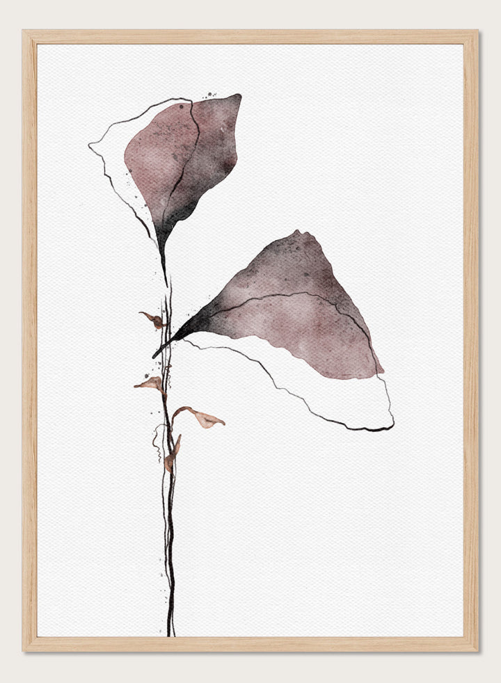 Abstract watercolor floral art print featuring two muted mauve-brown flower shapes on a thin black stem against a white textured background. Shop Muted Botanical Abstraction by Ankie Kooi, an abstract botanical wall art print poster with watercolor leaves, minimalist line art, purple, brown, and cream.