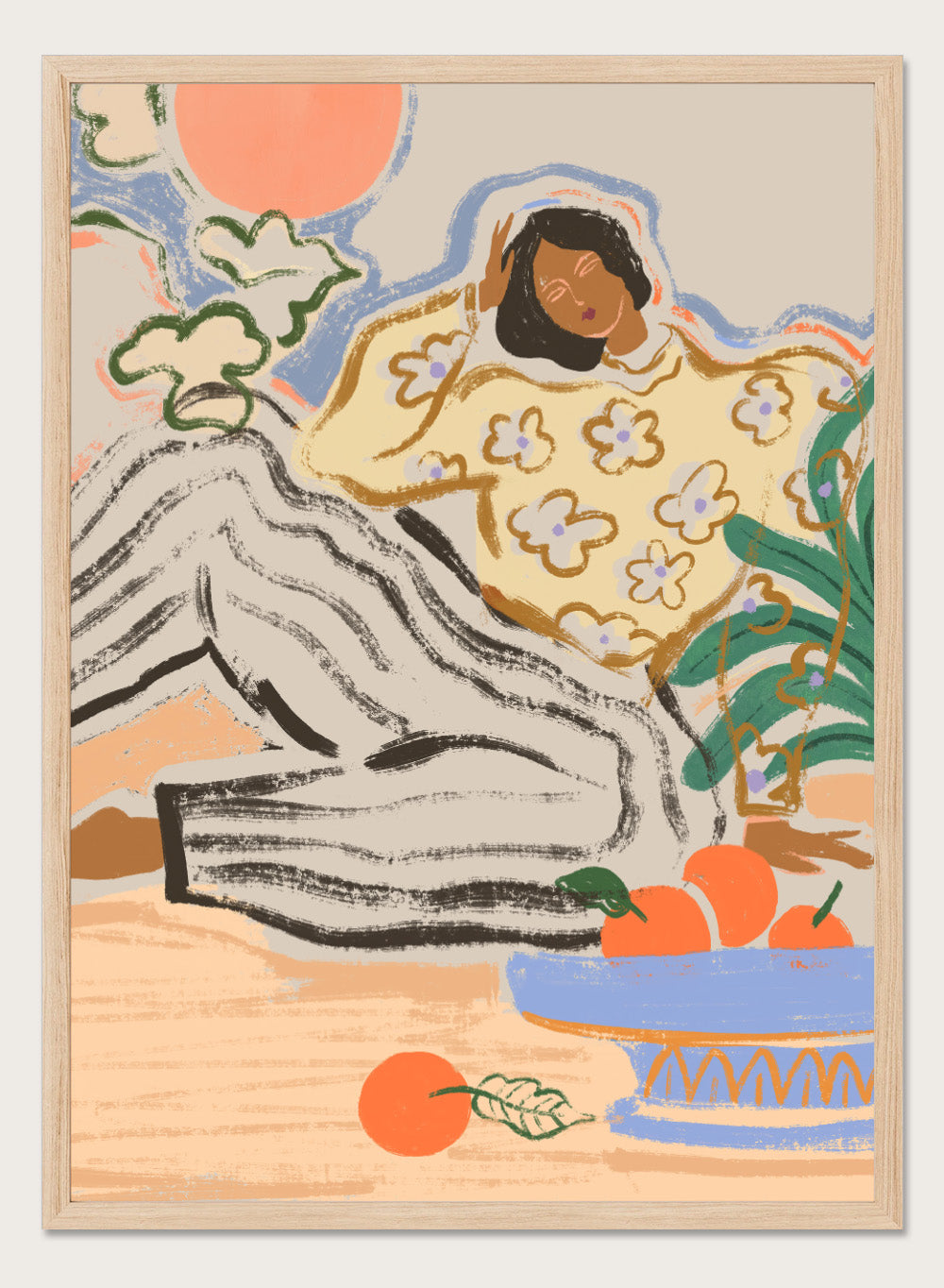 Artistic depiction of a person lounging on a beach with a bowl of fruit and flowers. Lazy Days by Arty Guava is a modern woman art print with warm colors, oranges, and relaxed still life details. Officially licensed wall poster.