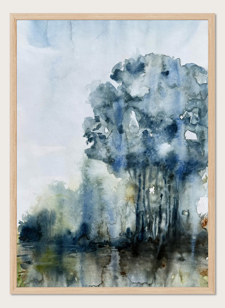Shop Serene Forest Reflection by Helena Ryhle, a watercolor forest landscape wall art print poster with reflective water and a calm blue-toned mood.