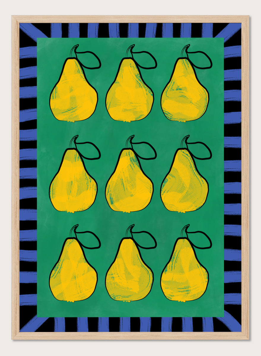 Shop Vibrant Pears Grid by Elena Ristova, a colorful pear wall art print poster in yellow, green, and blue with a bold graphic grid design.