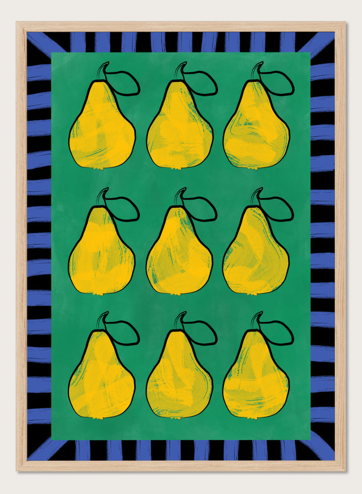 Shop Vibrant Pears Grid by Elena Ristova, a colorful pear wall art print poster in yellow, green, and blue with a bold graphic grid design.