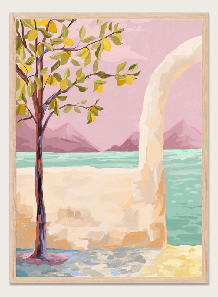 Artistic depiction of a tree by a lake with mountains in the background. Lemon Tree by Goed Blauw is a coastal art print and wall poster featuring a lemon tree, soft pastel sky, and ocean view in warm tones.