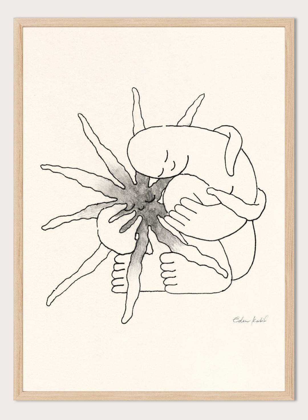 Black and white line art of a person embracing a sun figure on a beige background. Sunshine Love by Eden Kalif is a modern line art print featuring a figure holding a sun in a minimalist contemporary wall poster design.