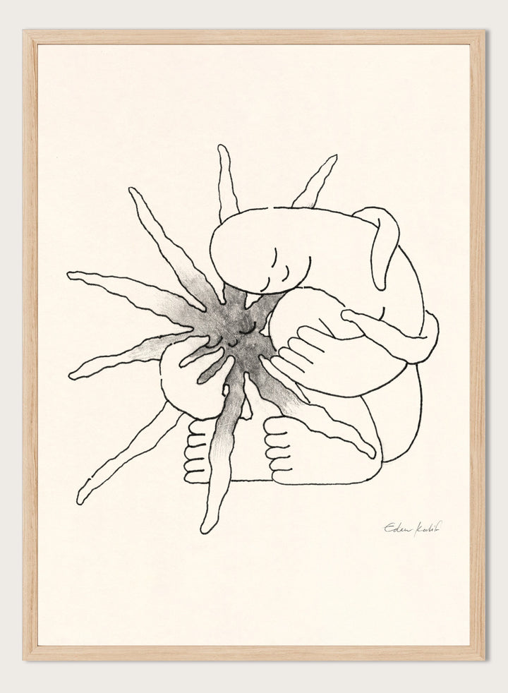 Black and white line art of a person embracing a sun figure on a beige background. Sunshine Love by Eden Kalif is a modern line art print featuring a figure holding a sun in a minimalist contemporary wall poster design.