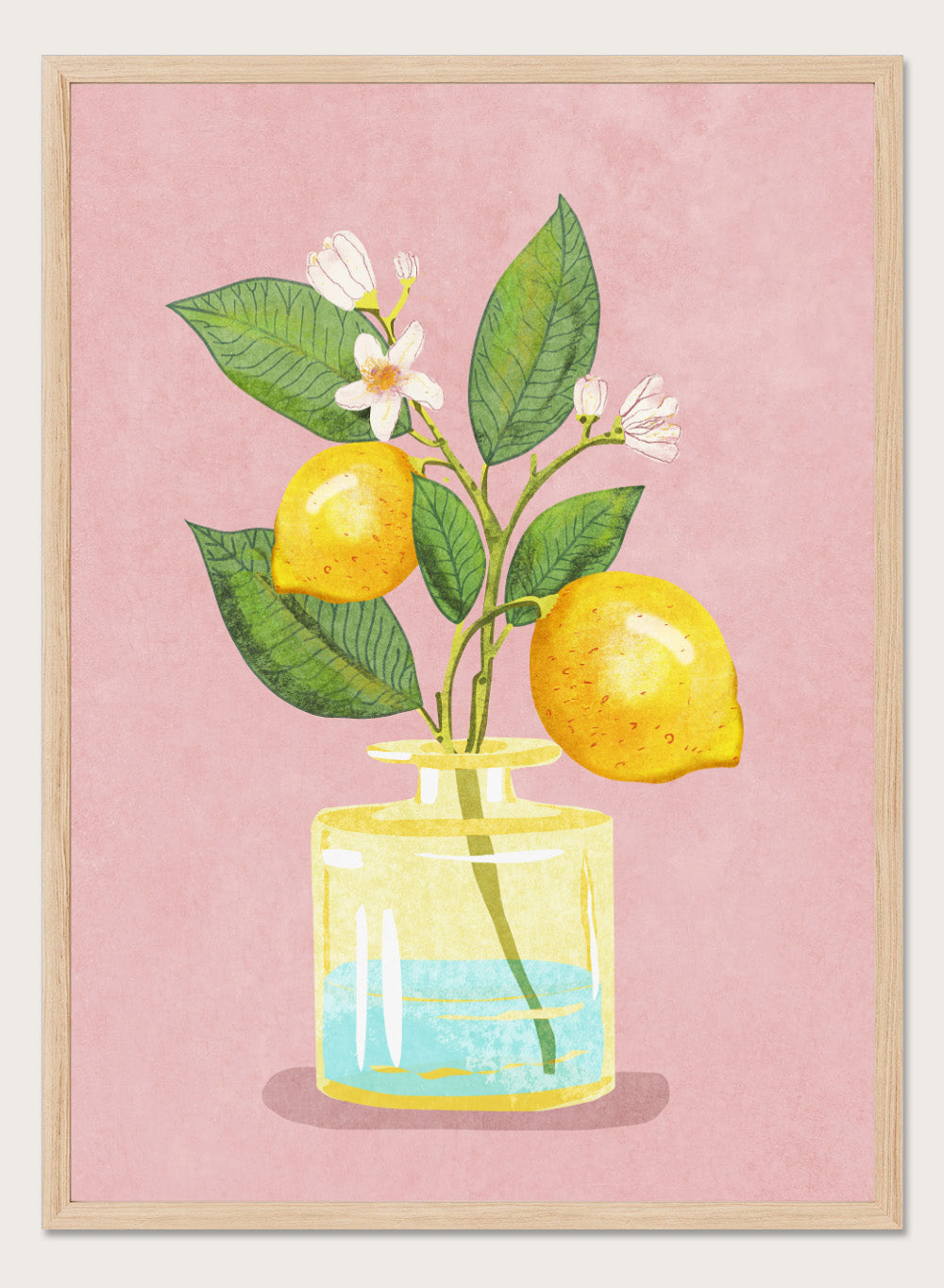 Illustration of lemons and a flower in a glass bottle on a pink background. Lemon Bunch In Vase by Raissa Oltmanns is a modern lemon still life art print featuring citrus fruit and floral kitchen wall poster design.