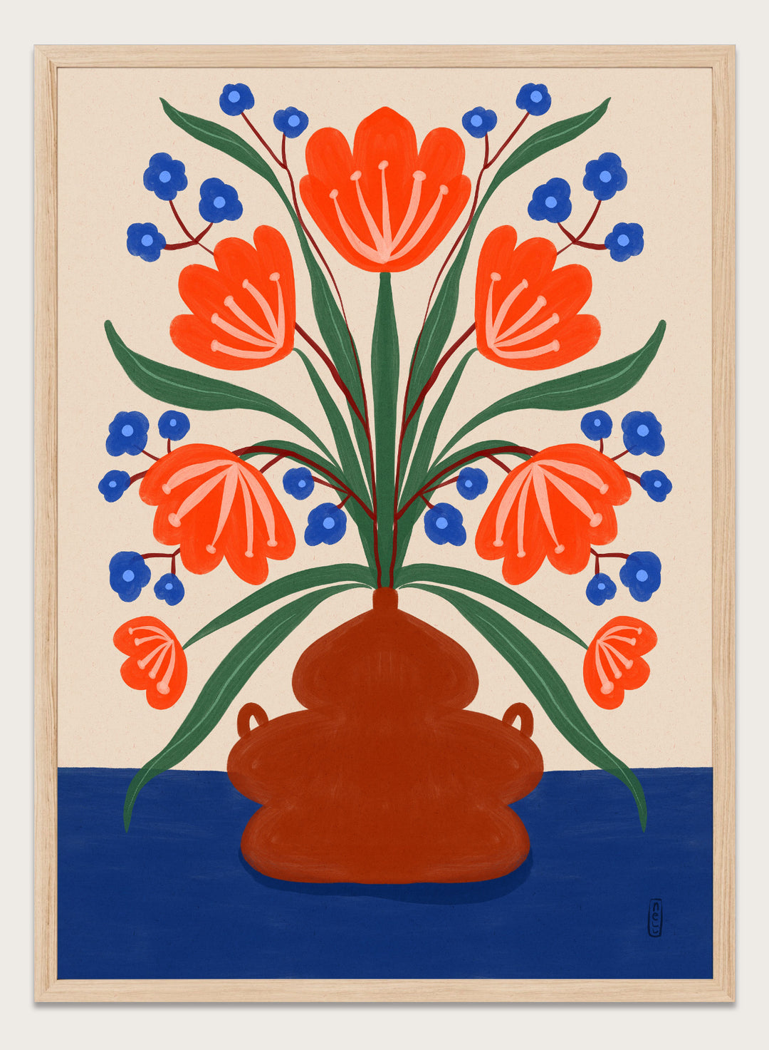 Vibrant Floral Terracotta Vase by Dirkie Nell is a colorful floral art print featuring bold orange flowers, folk inspired illustration, Mediterranean decor, and modern botanical wall art.