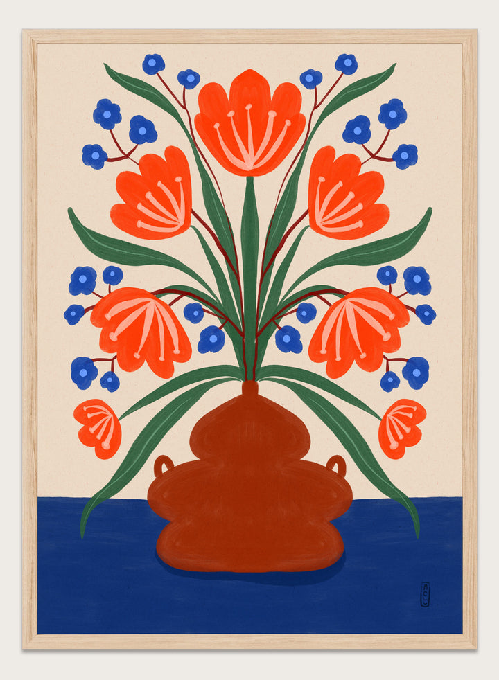 Vibrant Floral Terracotta Vase by Dirkie Nell is a colorful floral art print featuring bold orange flowers, folk inspired illustration, Mediterranean decor, and modern botanical wall art.