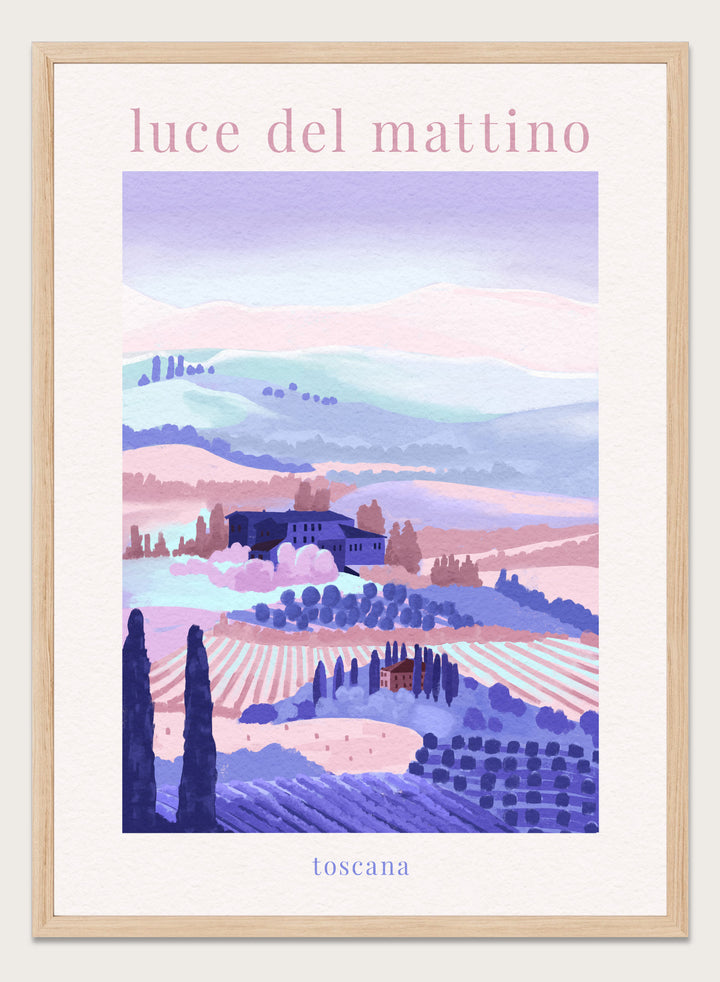 Artistic depiction of a Tuscan landscape with rolling hills and a farmhouse, labeled 'luce del mattino toscana'. Tuscany Morning by Goed Blauw is a landscape art print and wall poster featuring rolling hills, fields, and houses in soft pastel tones inspired by the Italian countryside.