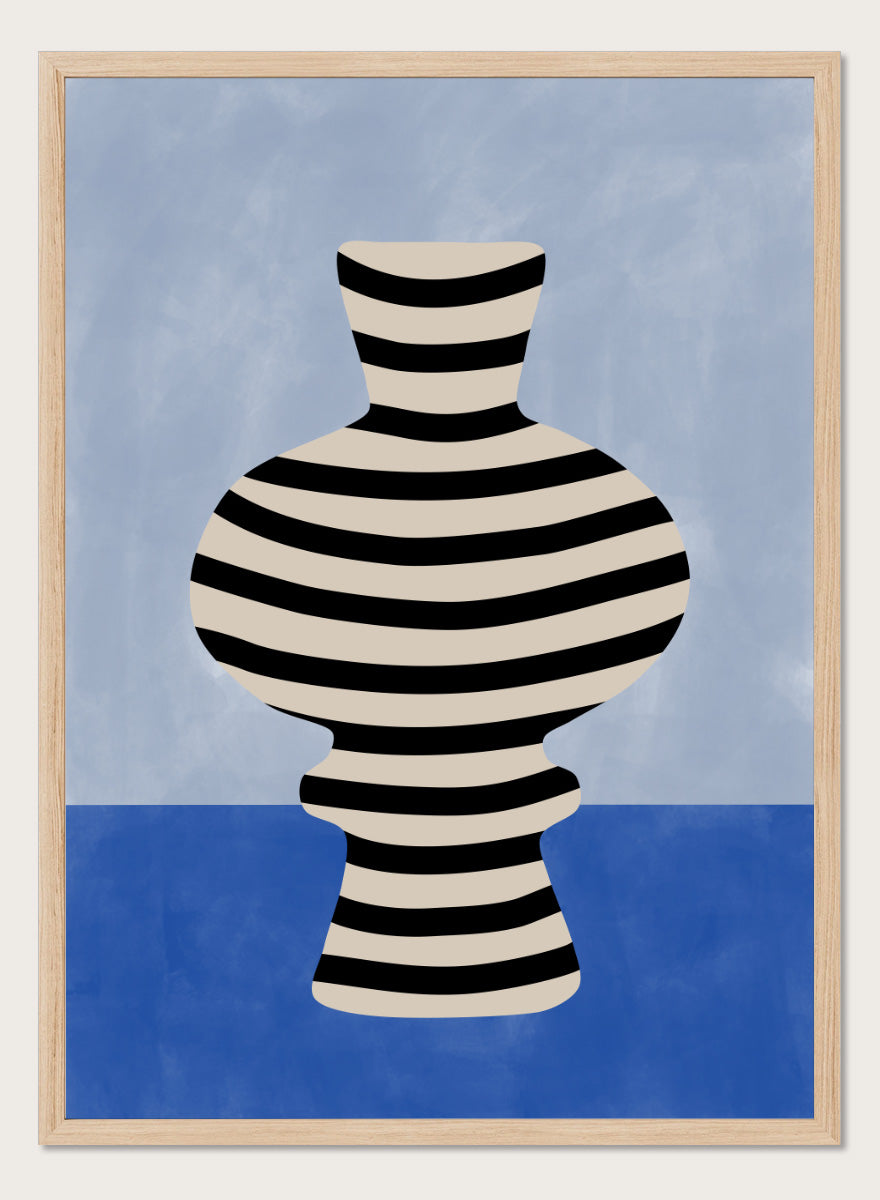 Shop Modern Striped Vase by Elena Ristova, a modern still life wall art print poster featuring a black-and-cream striped vase against soft blue tones.