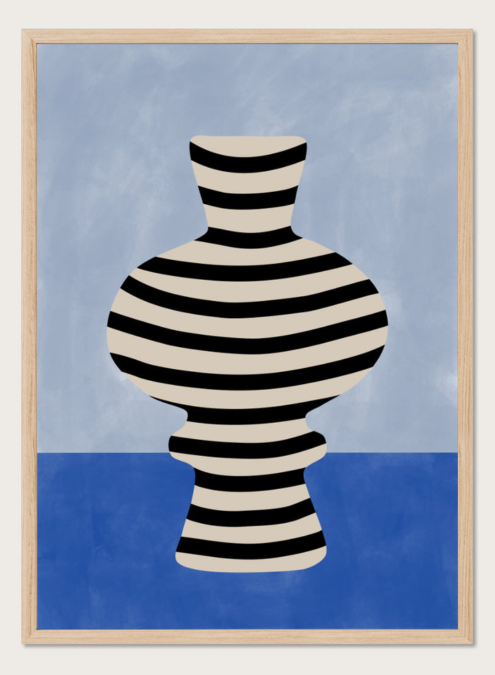 Shop Modern Striped Vase by Elena Ristova, a modern still life wall art print poster featuring a black-and-cream striped vase against soft blue tones.