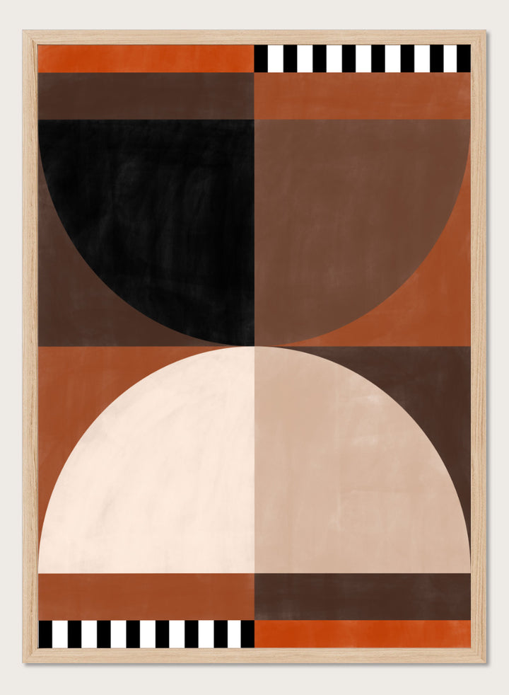 Shop Geometric Earth Tones 02 by Elena Ristova, a modern abstract wall art print poster featuring bold circles, striped accents, and warm rust tones.