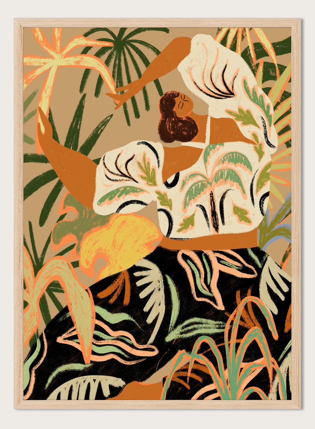 Artistic depiction of a woman in a floral dress with tropical plants in the background. Nature Embrace by Arty Guava art print featuring woman surrounded by tropical plants, flowing botanical illustration, and warm contemporary nature wall art poster.