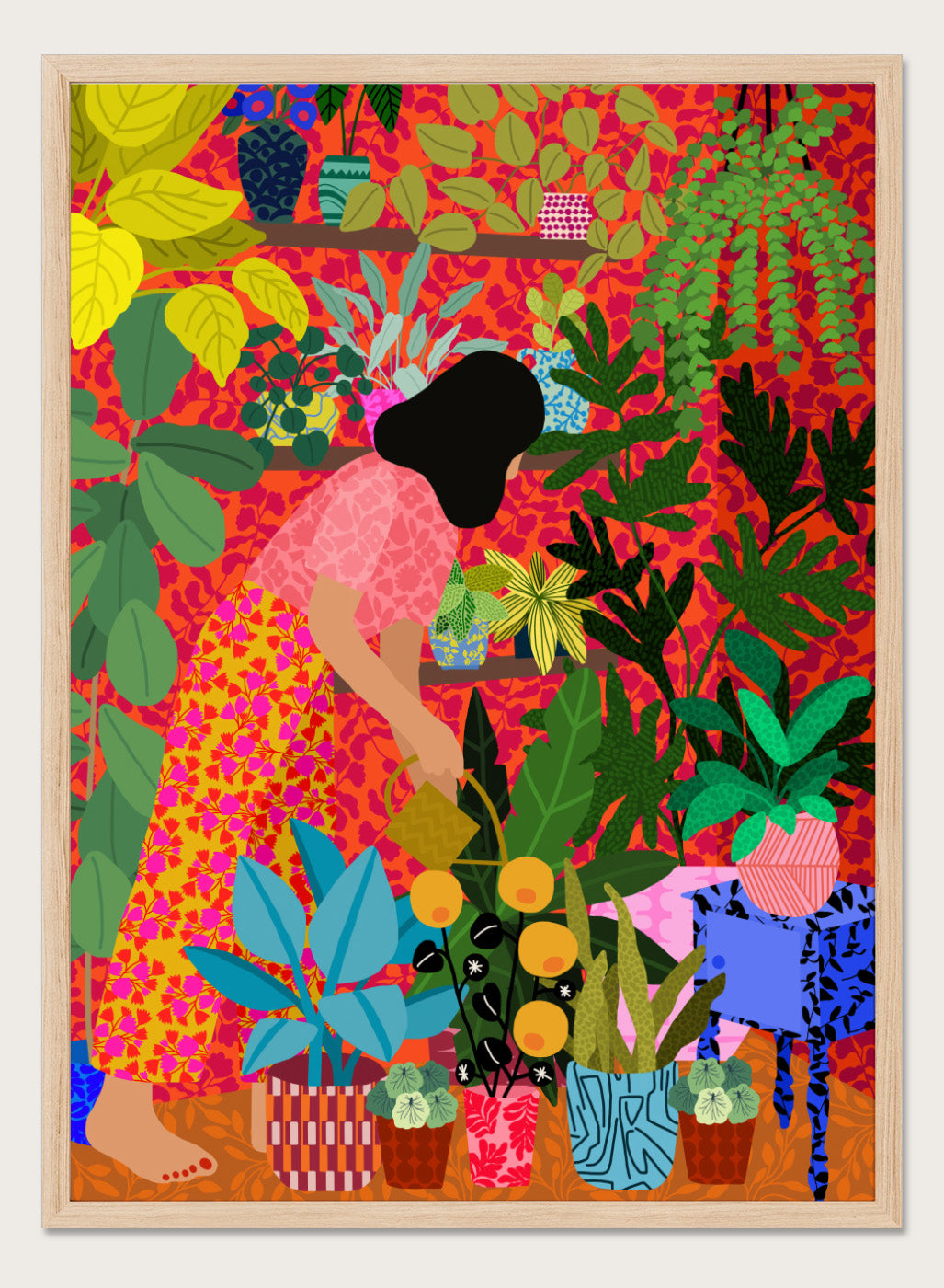 Colorful illustration of a person tending to plants with a vibrant background. Watering My Plants by Rafaela Mascaro fine art print featuring bold botanical interior, modern woman illustration, and colorful contemporary wall art poster.