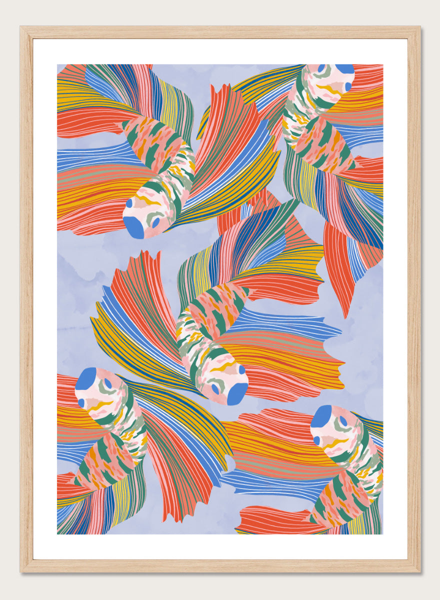 A framed art print featuring a colorful pattern of stylized fish with flowing striped fins in orange, yellow, green, blue, and red on a light blue background. Vibrant Swirling Fish Pattern by Ceyda Alasar art print featuring colorful flowing fish, striped fins, and playful aquatic movement on a soft blue background.