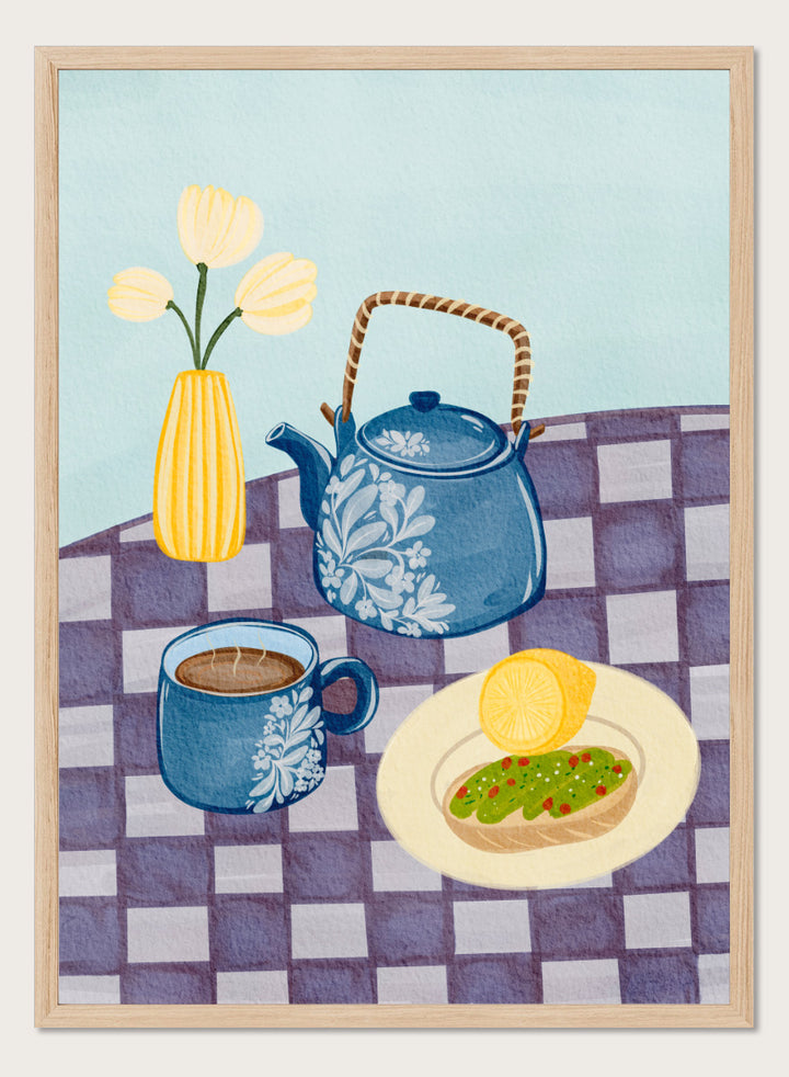 Shop Blue Teapot Breakfast by Nikita Jariwala, a kitchen wall art print poster featuring a floral teapot, tea cup, breakfast still life, and blue tones.