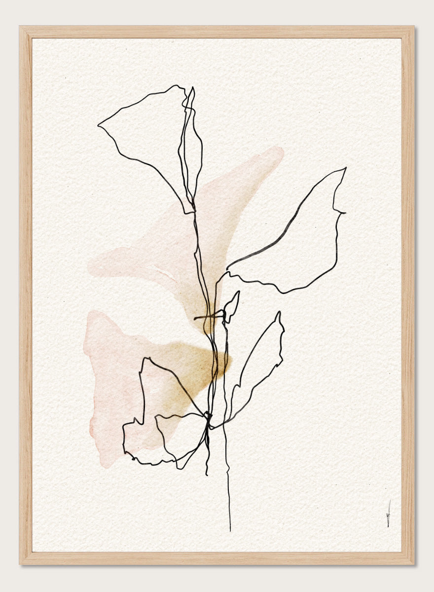 Shop Soft Blush Botanicals by Ankie Kooi, a modern botanical wall art print poster with minimalist line art, abstract leaves, blush pink, and soft ochre tones.