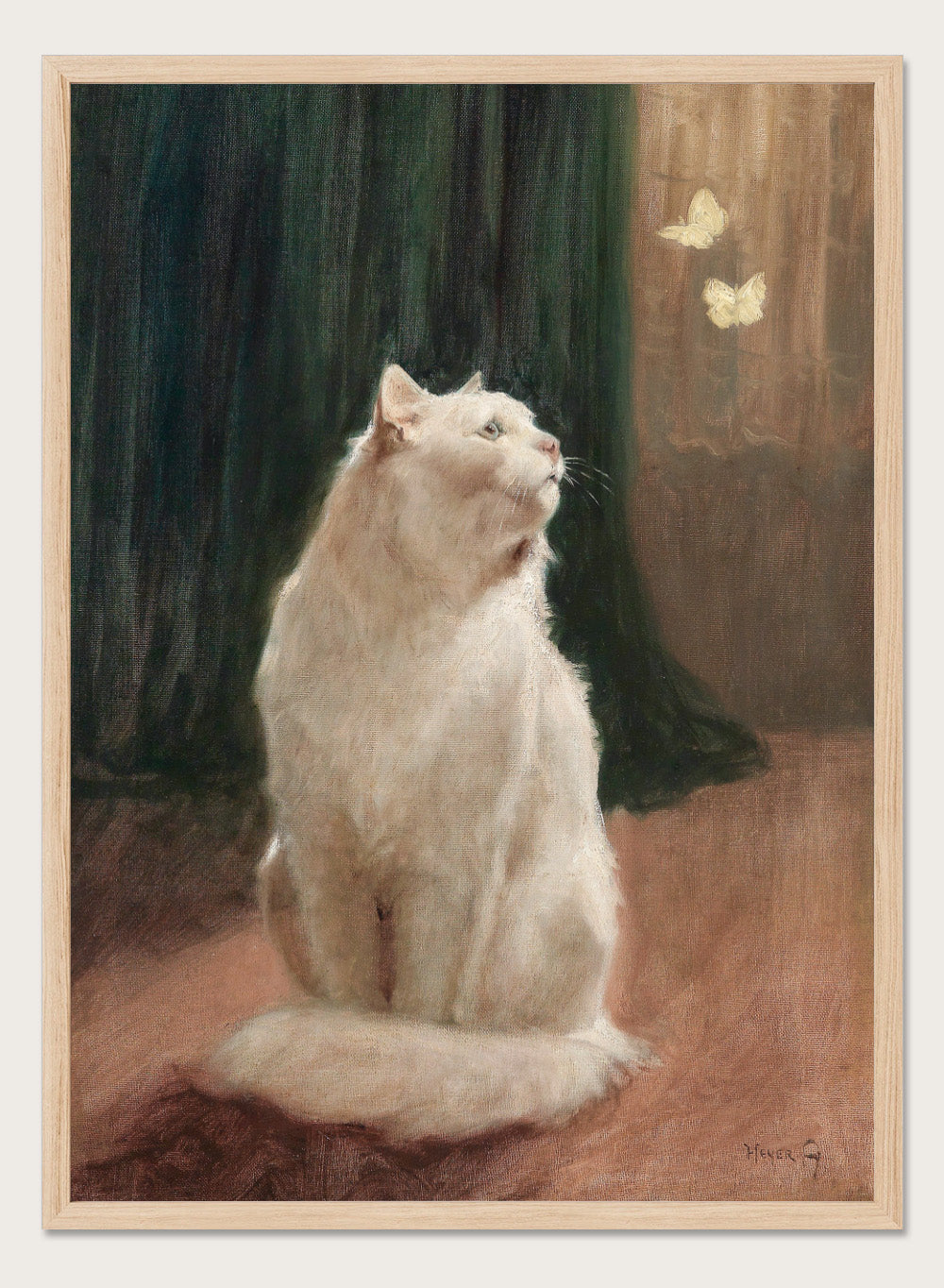 "White Cat with Two Butterflies" Art Print