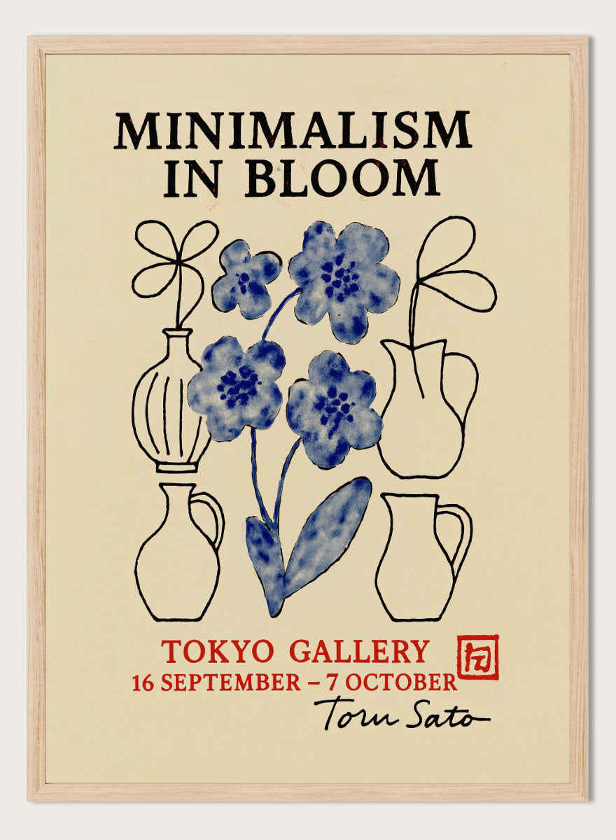 Blooming Simplicity by Treechild botanical gallery poster featuring blue flowers, hand-drawn vases, bold typography, and vintage exhibition styling.