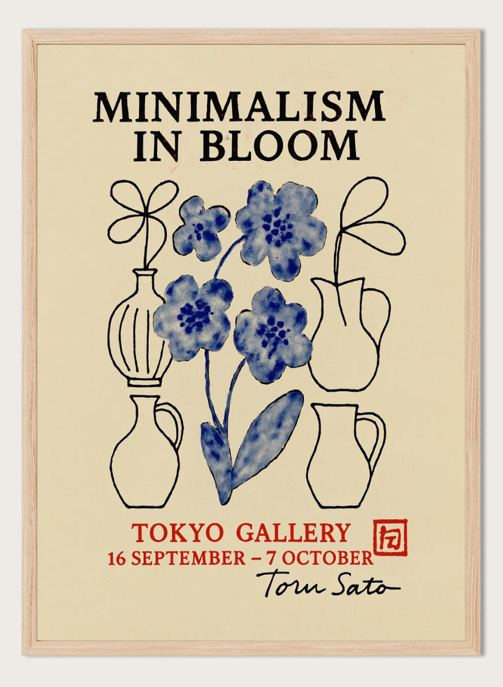 Blooming Simplicity by Treechild botanical gallery poster featuring blue flowers, hand-drawn vases, bold typography, and vintage exhibition styling.