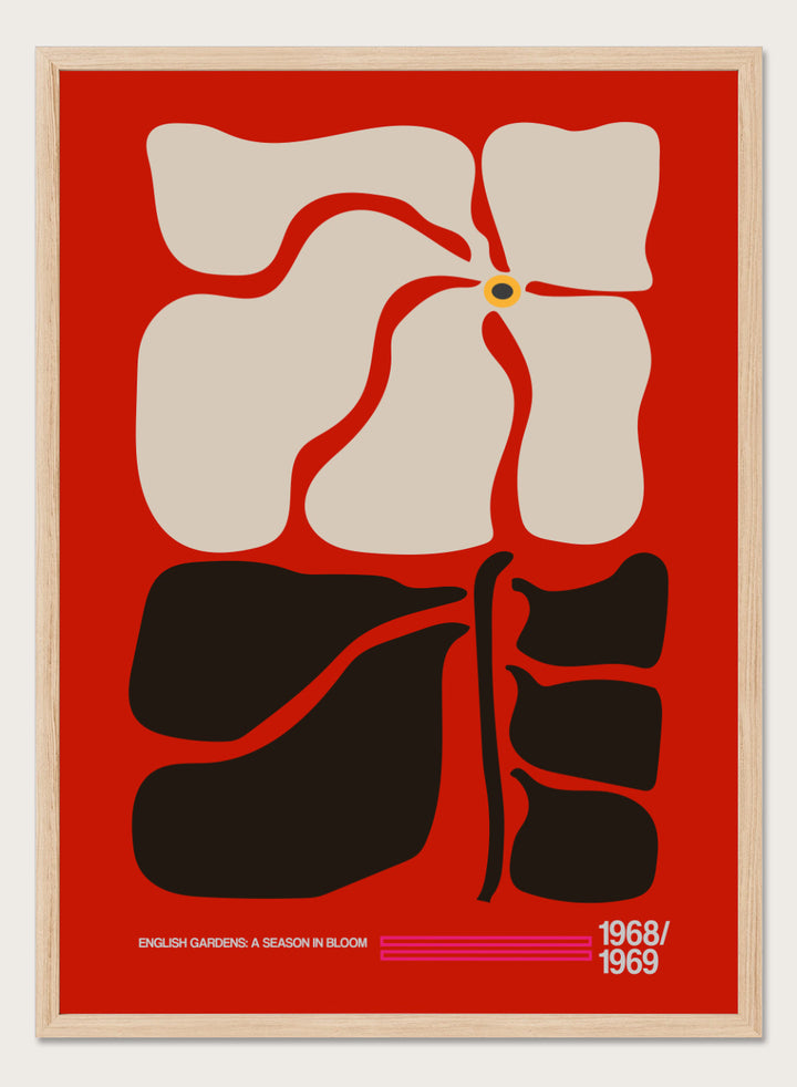 Abstract design with geometric shapes on a red background, featuring text at the bottom. English Gardens Red by Frances Collett features a bold illustrated flower with dark leaves on a red background. Officially licensed floral wall art print with optional framing.