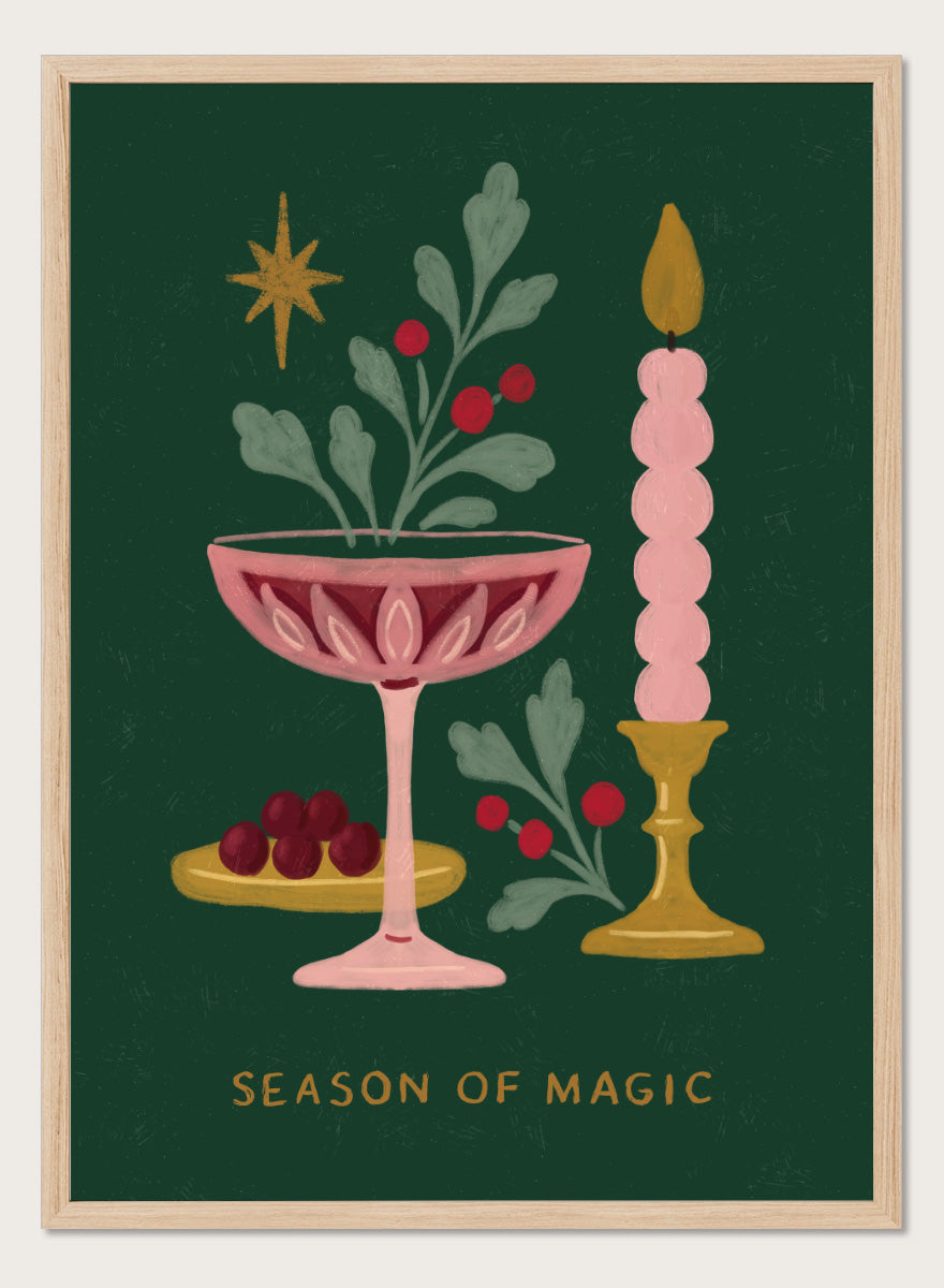 Shop Season of Magic by Katarzyna Gąsiorowska, a festive Christmas wall art print poster featuring a pink candle, berries, greenery, and holiday decor.