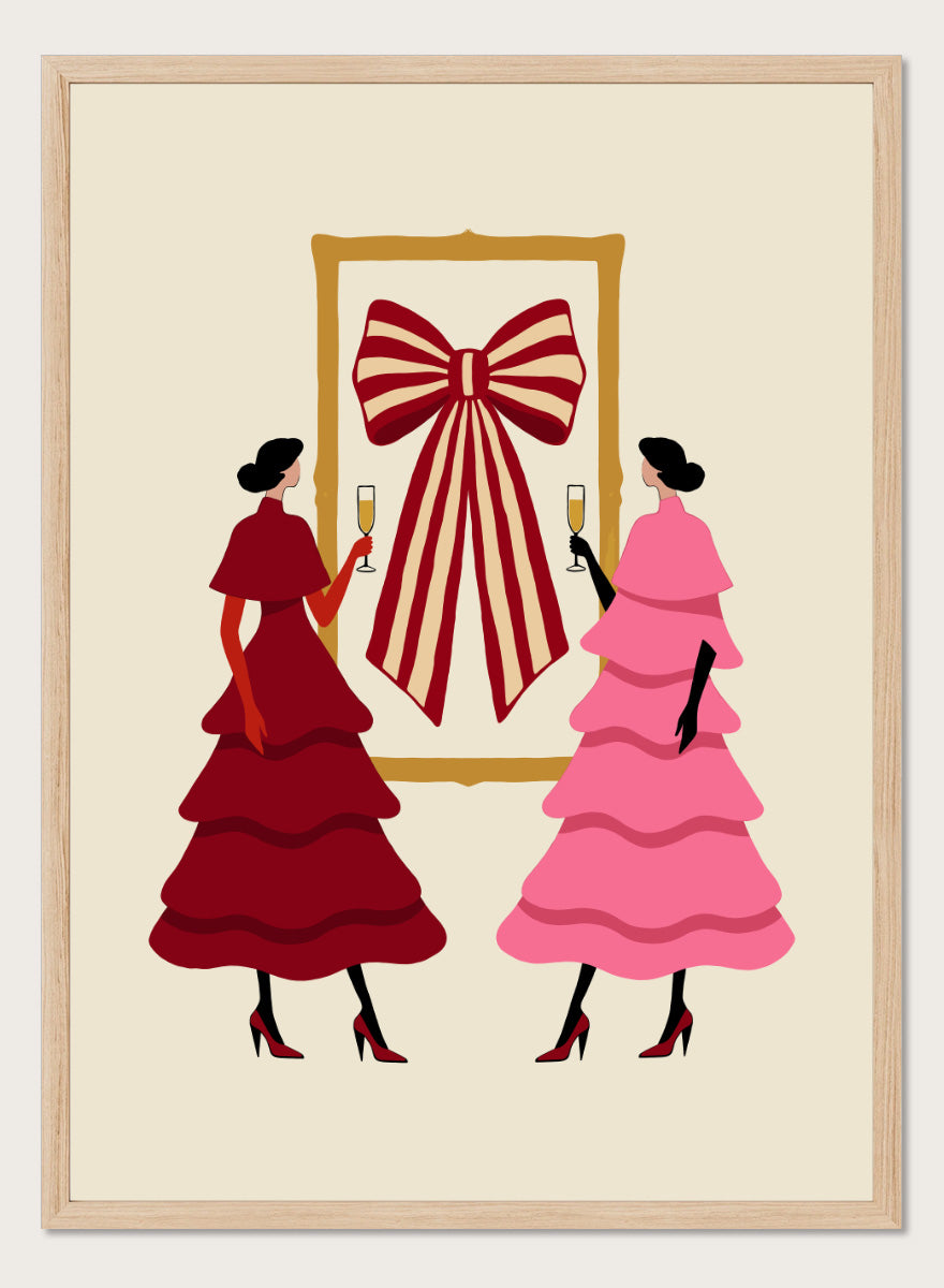 Shop Elegant Bow Celebration by Dominique Vari, a festive fashion wall art print poster featuring two women, champagne glasses, layered dresses, and a bold striped bow.