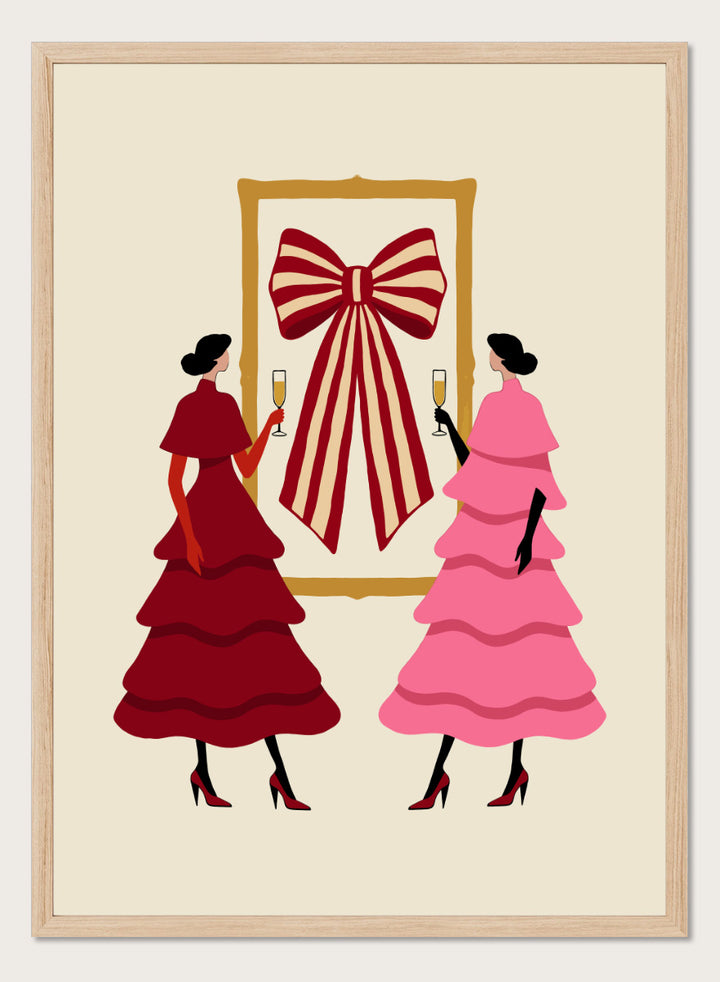 Shop Elegant Bow Celebration by Dominique Vari, a festive fashion wall art print poster featuring two women, champagne glasses, layered dresses, and a bold striped bow.
