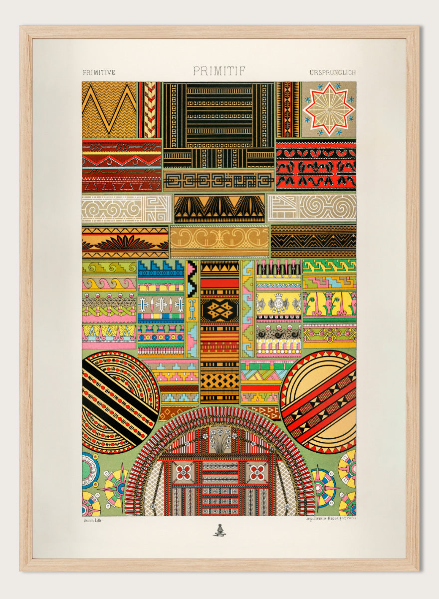 Primitive Pattern by Albert Racinet vintage art print featuring colorful geometric, floral and decorative motifs from the 1888 edition of L’Ornement Polychrome.