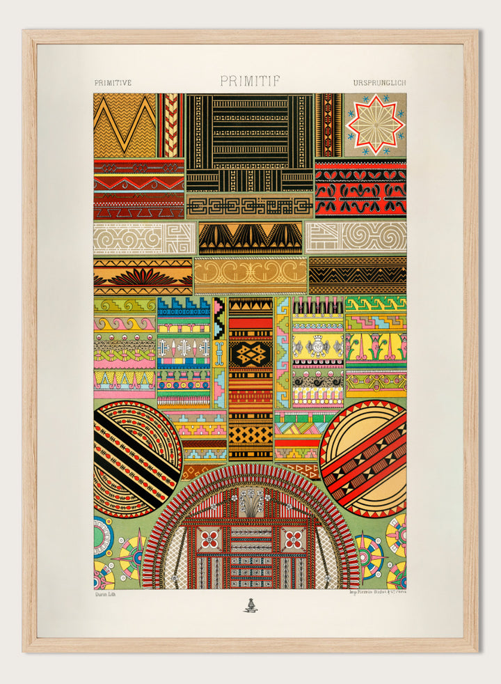 Primitive Pattern by Albert Racinet vintage art print featuring colorful geometric, floral and decorative motifs from the 1888 edition of L’Ornement Polychrome.