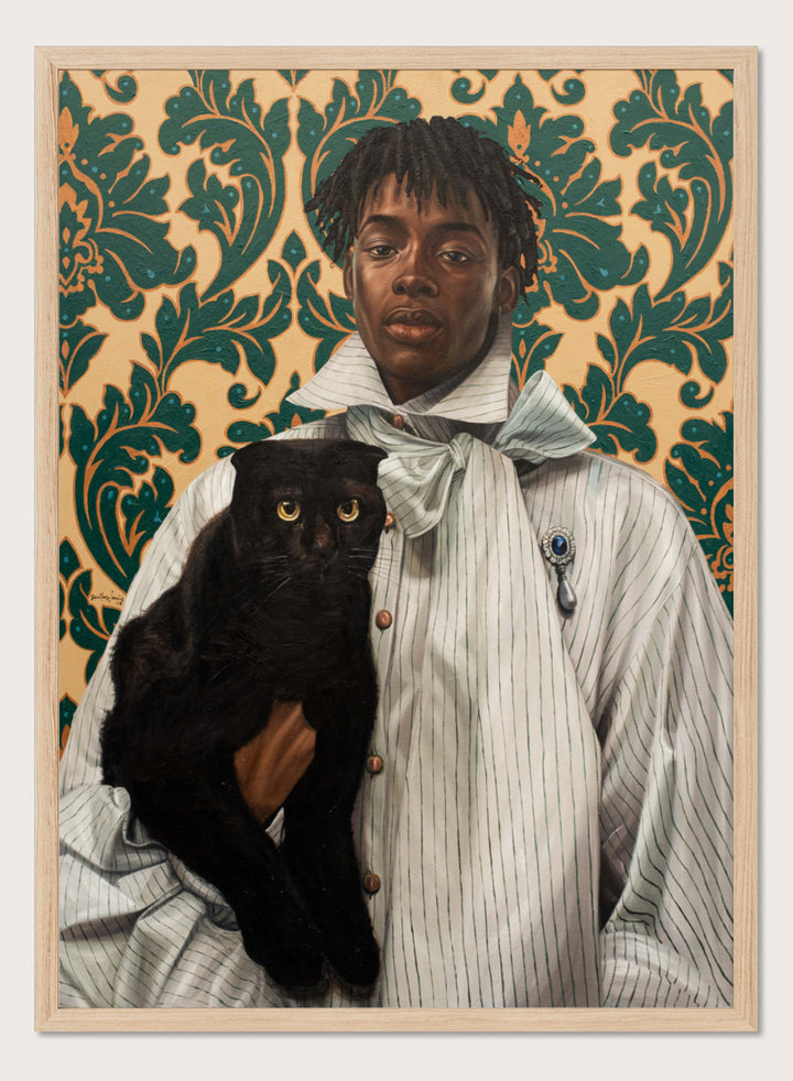 A portrait-style artwork showing a person in a pale striped shirt with a bow tie holding a black cat, set against ornate green damask wallpaper. Shop Elegant Portrait Black Cat by Damilare Jamiu, a contemporary figurative wall art print featuring a stylish portrait, black cat, and rich teal and gold pattern.