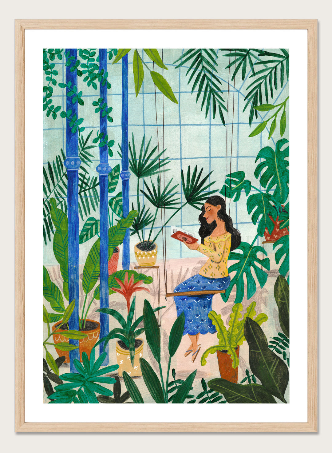 Woman sitting among plants in a room with bamboo and various greenery. Botanical Greenhouse Reader by Caroline Bonne Müller is a fine art print and wall poster featuring a woman reading in a lush indoor garden filled with tropical plants.