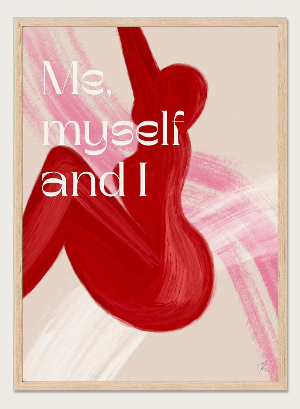 Abstract art with red shapes and 'Me, myself and I' text on a beige background. Red Woman by Anne-Marie Volfova is a modern figurative art print featuring bold red brushstrokes and empowering typography. Contemporary wall poster.