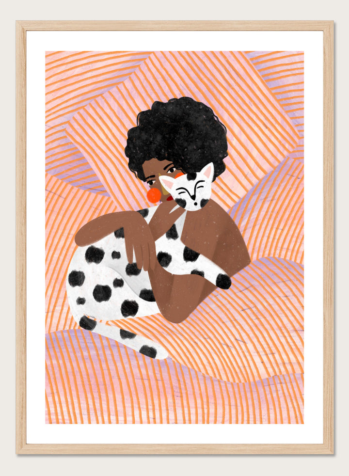A framed art print featuring a stylized illustration of a person with an afro holding a black-and-white spotted cat, set against a peach and orange striped background. Cozy Cat Cuddles by Bea Müller animal art print featuring a woman embracing a spotted cat among soft peach and lilac stripes for cozy pet lover decor.