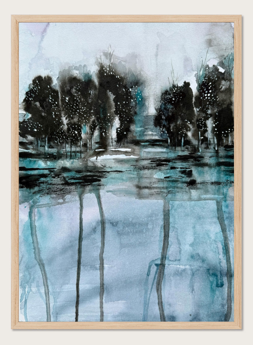 Shop Dark Forest Reflection by Helena Ryhle, a moody watercolor landscape wall art print poster featuring dark trees, reflective water, and deep blue-green tones.
