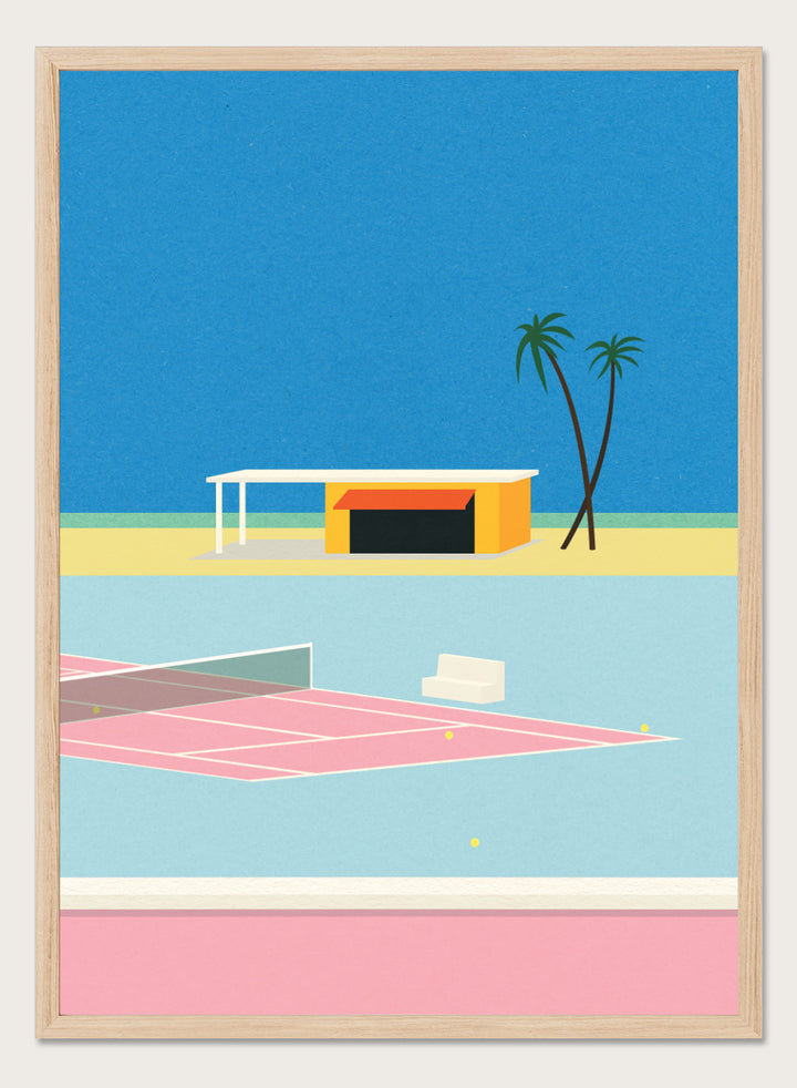 Simplified illustration of a tennis court with a small building and palm trees against a blue sky. Tennis By the Beach by Rosi Feist is a minimalist modern art print of a tennis court beside beach and palm trees. Officially licensed fine art poster with framing.