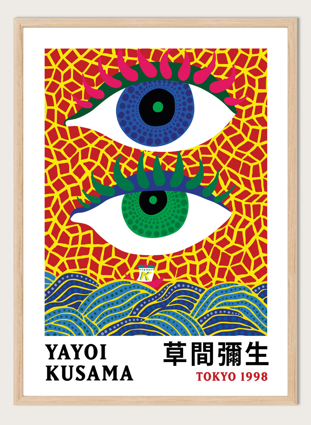 Inspired by Yayoi Kusama 草間彌生 On the Ocean Eyes Art, this exhibition Japanese poster art print showcases illustration of abstract eyes against ocean waves. Featuring vintage On the Ocean art, this Japani vintage exhibition poster by Yayoi Kusama is perfect for any boho, retro, minimalist, or abstract space.